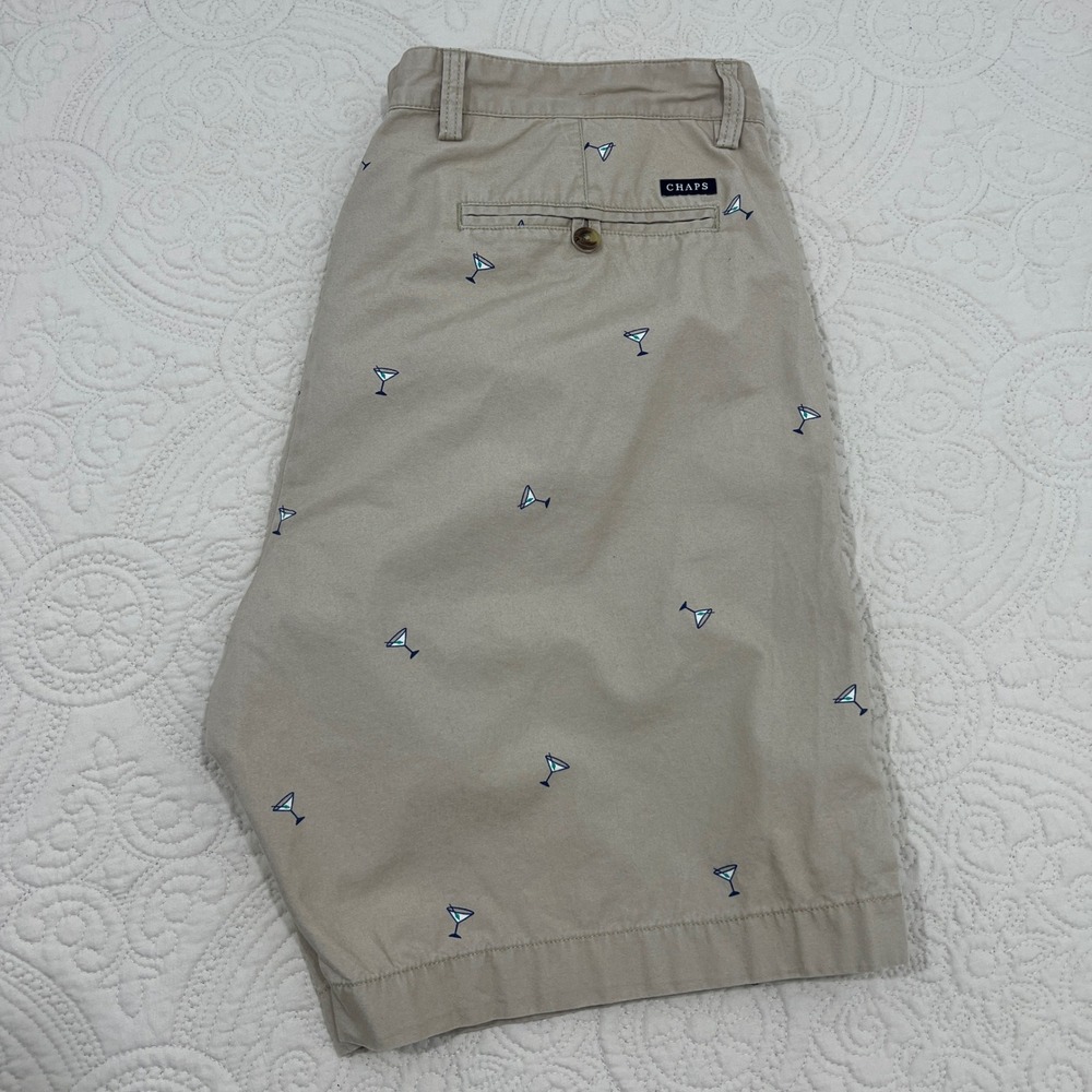 Chaps Mens Khaki Martini Glass‎ Printed Chino Shorts Tan Size 38 Cotton